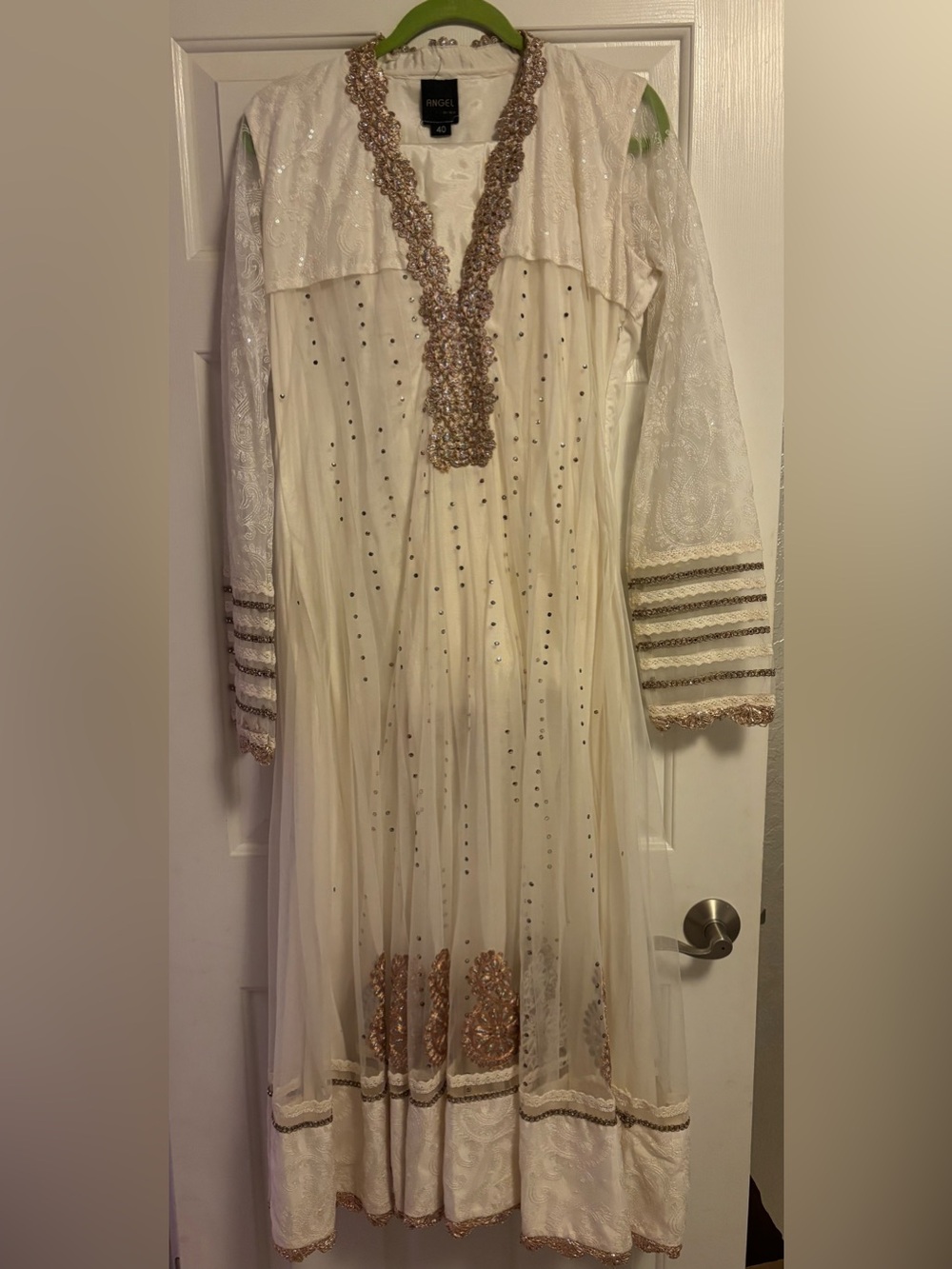 Cream and Rose Gold Embroidered Anarkali Suit with matching Scarf